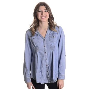 Chances R Light Blue Long Sleeve Button Top Tunic